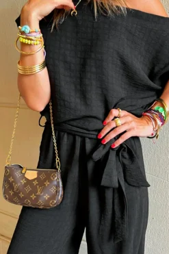 Outlet Dear-Lover Checkered Mesh One Shoulder Short Sleeve Knotted Waist Jumpsuit Black