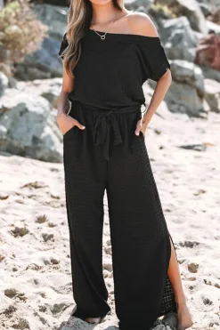 Outlet Dear-Lover Checkered Mesh One Shoulder Short Sleeve Knotted Waist Jumpsuit Black