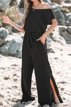 Outlet Dear-Lover Checkered Mesh One Shoulder Short Sleeve Knotted Waist Jumpsuit Black