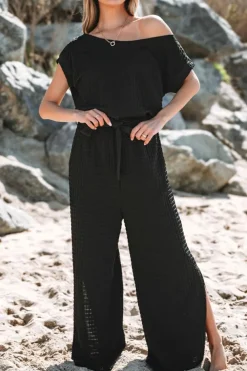 Outlet Dear-Lover Checkered Mesh One Shoulder Short Sleeve Knotted Waist Jumpsuit Black