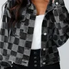 Discount Dear-Lover Checkered Patchwork Button up Denim Jacket Black