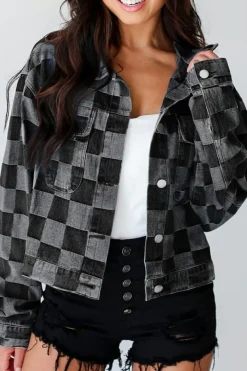 Discount Dear-Lover Checkered Patchwork Button up Denim Jacket Black