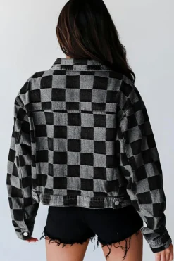Discount Dear-Lover Checkered Patchwork Button up Denim Jacket Black