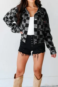 Discount Dear-Lover Checkered Patchwork Button up Denim Jacket Black