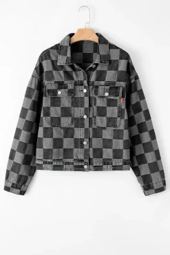 Discount Dear-Lover Checkered Patchwork Button up Denim Jacket Black