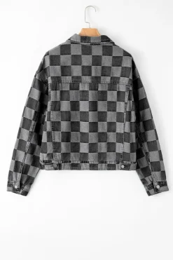 Discount Dear-Lover Checkered Patchwork Button up Denim Jacket Black