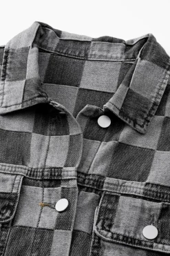 Discount Dear-Lover Checkered Patchwork Button up Denim Jacket Black
