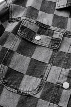 Discount Dear-Lover Checkered Patchwork Button up Denim Jacket Black