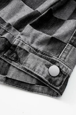 Discount Dear-Lover Checkered Patchwork Button up Denim Jacket Black