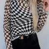 Fashion Dear-Lover Checkered Pattern Mesh Mock Neck Long Sleeve Top Black