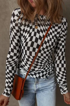 Fashion Dear-Lover Checkered Pattern Mesh Mock Neck Long Sleeve Top Black
