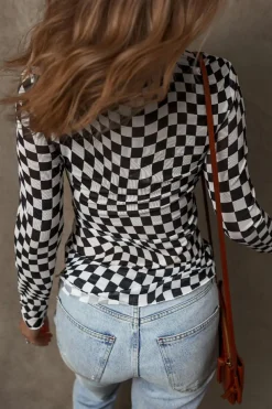 Fashion Dear-Lover Checkered Pattern Mesh Mock Neck Long Sleeve Top Black