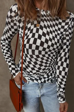 Fashion Dear-Lover Checkered Pattern Mesh Mock Neck Long Sleeve Top Black