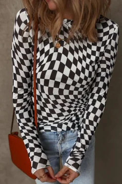 Fashion Dear-Lover Checkered Pattern Mesh Mock Neck Long Sleeve Top Black