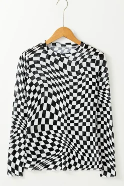 Fashion Dear-Lover Checkered Pattern Mesh Mock Neck Long Sleeve Top Black