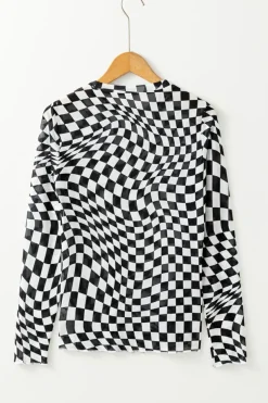 Fashion Dear-Lover Checkered Pattern Mesh Mock Neck Long Sleeve Top Black