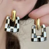 New Dear-Lover Checkered Pattern Square Shape Stud Dangle Earrings Black