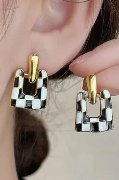 New Dear-Lover Checkered Pattern Square Shape Stud Dangle Earrings Black
