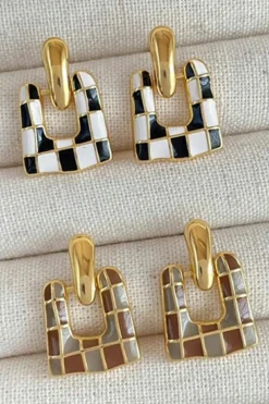 New Dear-Lover Checkered Pattern Square Shape Stud Dangle Earrings Black