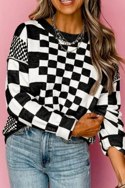 Online Dear-Lover Checkered Print Drop Shoulder Round Neck Sweater Black