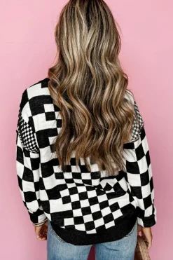 Online Dear-Lover Checkered Print Drop Shoulder Round Neck Sweater Black
