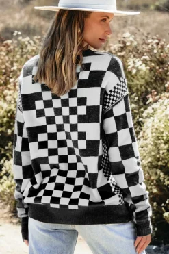 Online Dear-Lover Checkered Print Drop Shoulder Round Neck Sweater Black