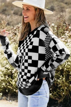 Online Dear-Lover Checkered Print Drop Shoulder Round Neck Sweater Black