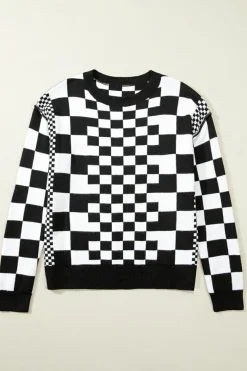 Online Dear-Lover Checkered Print Drop Shoulder Round Neck Sweater Black