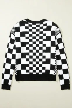 Online Dear-Lover Checkered Print Drop Shoulder Round Neck Sweater Black