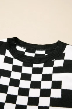 Online Dear-Lover Checkered Print Drop Shoulder Round Neck Sweater Black