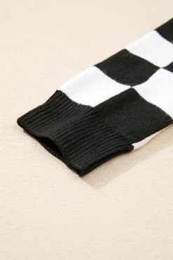 Online Dear-Lover Checkered Print Drop Shoulder Round Neck Sweater Black