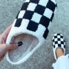 Online Dear-Lover Checkered Print Fuzzy Slip On Winter Slippers Black