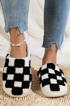 Online Dear-Lover Checkered Print Fuzzy Slip On Winter Slippers Black