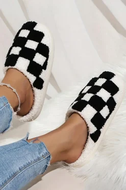 Online Dear-Lover Checkered Print Fuzzy Slip On Winter Slippers Black