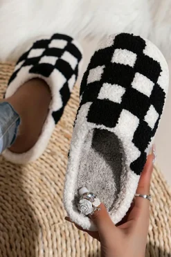 Online Dear-Lover Checkered Print Fuzzy Slip On Winter Slippers Black