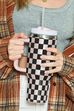 Outlet Dear-Lover Checkered Print Handle Large Vacuum Cup 40OZ Black
