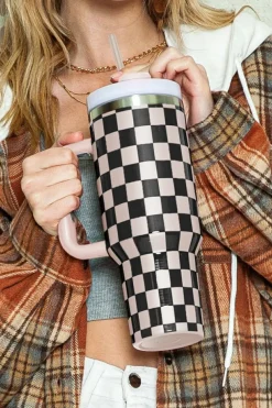 Outlet Dear-Lover Checkered Print Handle Large Vacuum Cup 40OZ Black
