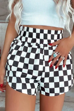 Discount Dear-Lover Checkered Print High Waist Casual Shorts Black