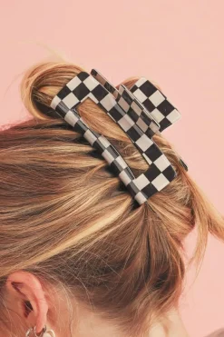 New Dear-Lover Checkered Print Hollow Out Hair Clip Black
