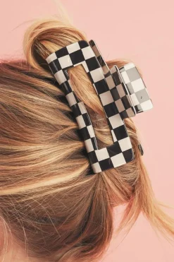 New Dear-Lover Checkered Print Hollow Out Hair Clip Black