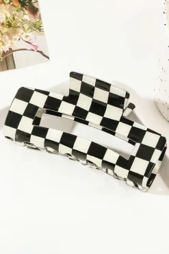 New Dear-Lover Checkered Print Hollow Out Hair Clip Black