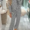 Hot Dear-Lover Checkered Print Long Sleeve Top and Pants Lounge Set Black