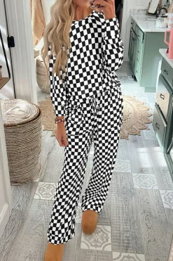 Hot Dear-Lover Checkered Print Long Sleeve Top and Pants Lounge Set Black