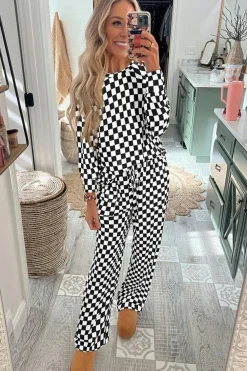 Hot Dear-Lover Checkered Print Long Sleeve Top and Pants Lounge Set Black