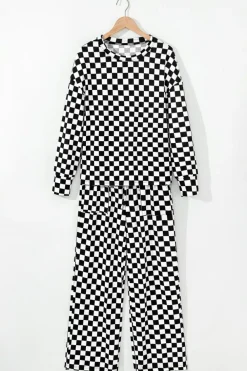 Hot Dear-Lover Checkered Print Long Sleeve Top and Pants Lounge Set Black