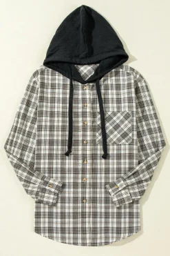 Sale Dear-Lover Checkered Print Loose Fit Buttoned Hooded Shacket Black
