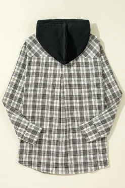Sale Dear-Lover Checkered Print Loose Fit Buttoned Hooded Shacket Black