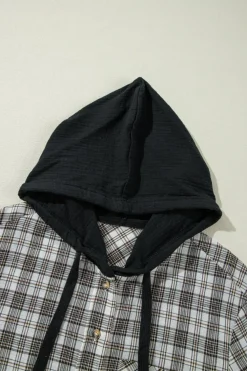 Sale Dear-Lover Checkered Print Loose Fit Buttoned Hooded Shacket Black