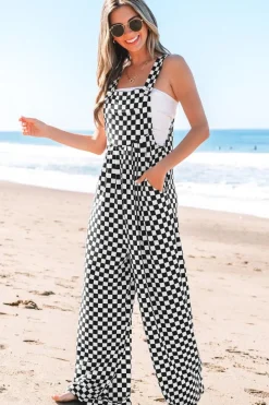 Sale Dear-Lover Checkered Print Pocketed Wide Leg Jumpsuit Black
