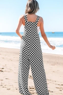Sale Dear-Lover Checkered Print Pocketed Wide Leg Jumpsuit Black